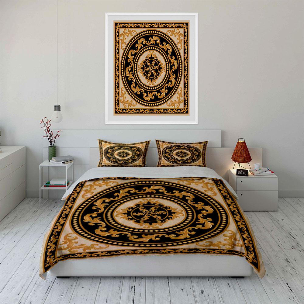 3Pcs Baroque Style Bedding Set, Gold Black Beige Ornate Pattern Print Duvet Cover + 2 Pillowcases, Luxury Decor