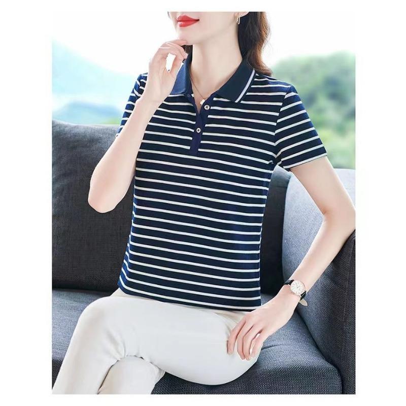 

YYFS Женская мода Повседневная Лето Весна Полосатый Принт Короткий рукав Воротник ПОЛО Блузки и Рубашки XXXXL