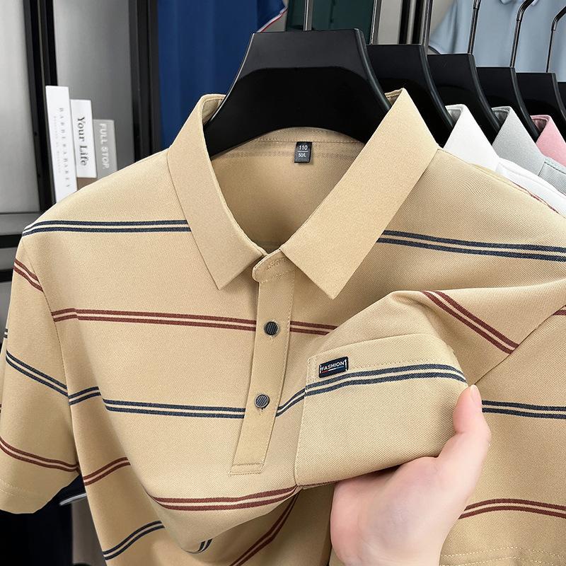 Lapel Collar Striped T-Shirt Short Sleeve Summer Loose Fit Business Casual Top T-Shirtpolo