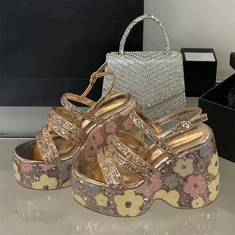 Eilyken Summer CRYSTAL Diamonds Sequin Cloth Platform Wedges Heels Sandals Women Buckle Strap Shoes Zapatillas De Mujer