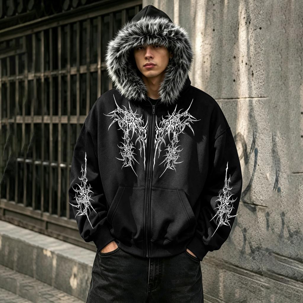 Unisex Oversized Hooded Rits Sweatshirt met Nepbontrand en Fleece-Gevoerde Zakken—Een Warme Herfst/Winter Ritsjack
