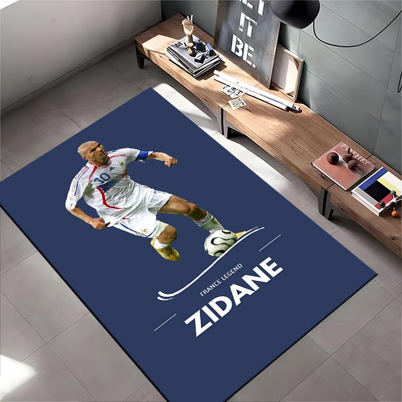 Sports Area Rug, Zinedine Zidane France Legend Number 10 White Jersey Dribble Minimal Navy Print, Fan Decor, Non-Slip Mat