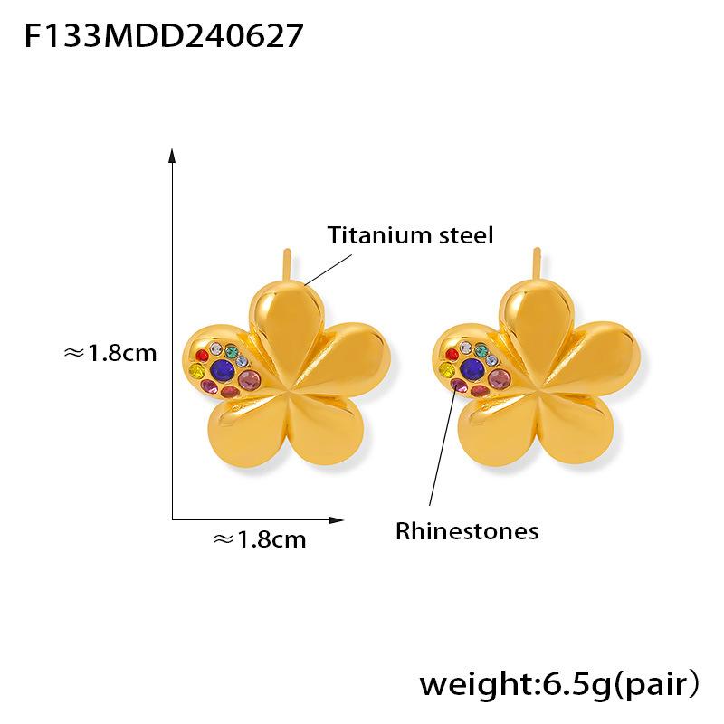 Flower Earrings Set With Diamonds, Five-Petaled Flower Color Stone Creative Design, Titanium Steel Gold-Plated Advanced Sense