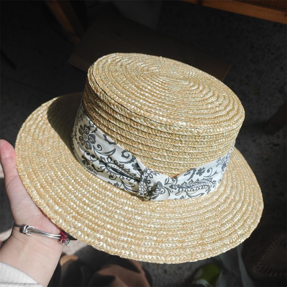 IG Französischer Vintage Weizenstroh Boater Hut Damen Sommer Flacher Oberteil Sonnenhut Handgefertigte Strand Panama Kappe mit Blumenschleife Urlaub 2026
