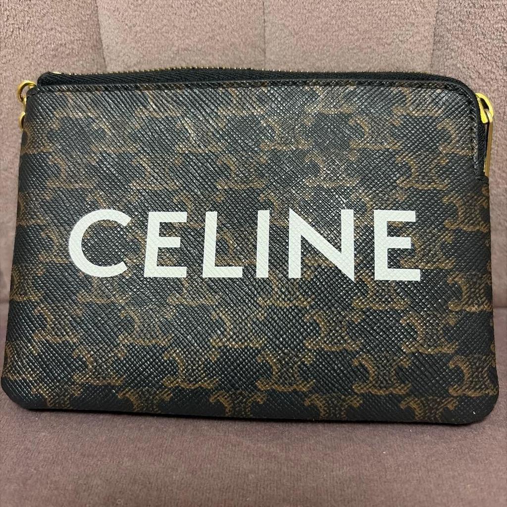 Used CELINE wallet coin card case brown Triomphe white logo keyring