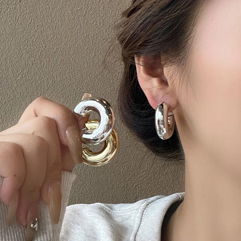 New Gold Plated Thick Hoop Earrings for Women Minimalist Geometric Simple Round Silver Earring Fashion Jewelry Gifts