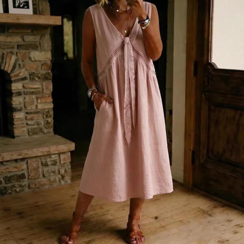 2026 New Women's Solid Color Lace Decorated Sleeveless Dress V-neck Casual Dress