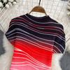 Women's Stand Collar Short Sleeve Striped Gradient High Waist Short Top Two Piece High Waist Pleated Skirt