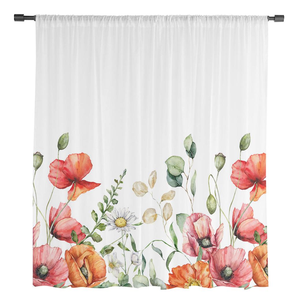 Plant Flowers Poppy Sheer Curtains for Living Room Decoration Window Curtains for Kitchen Tulle Voile Organza Curtains