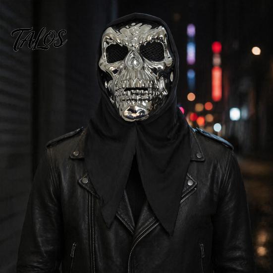 Full Head Black Scarf Mask Halloween Skull Mask, with Breathable Mesh Eyes Design, Mirror Texture Headscarf for Adults Party Props Face