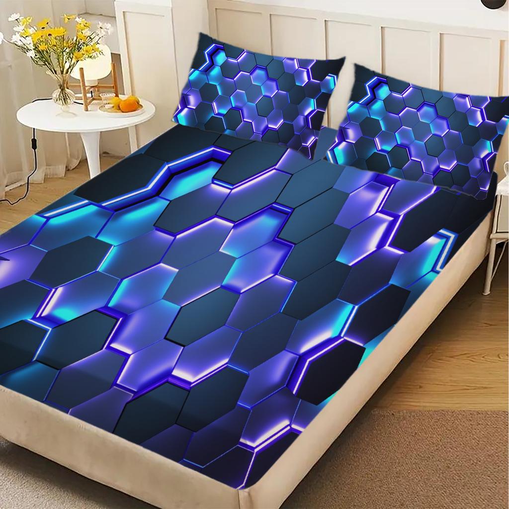 3pcs Hexagon Pattern Flat Sheet 3D Printed Blue Purple Geometric Fitted Sheet Sets With Pillowcases No Filling Cool Visual Style