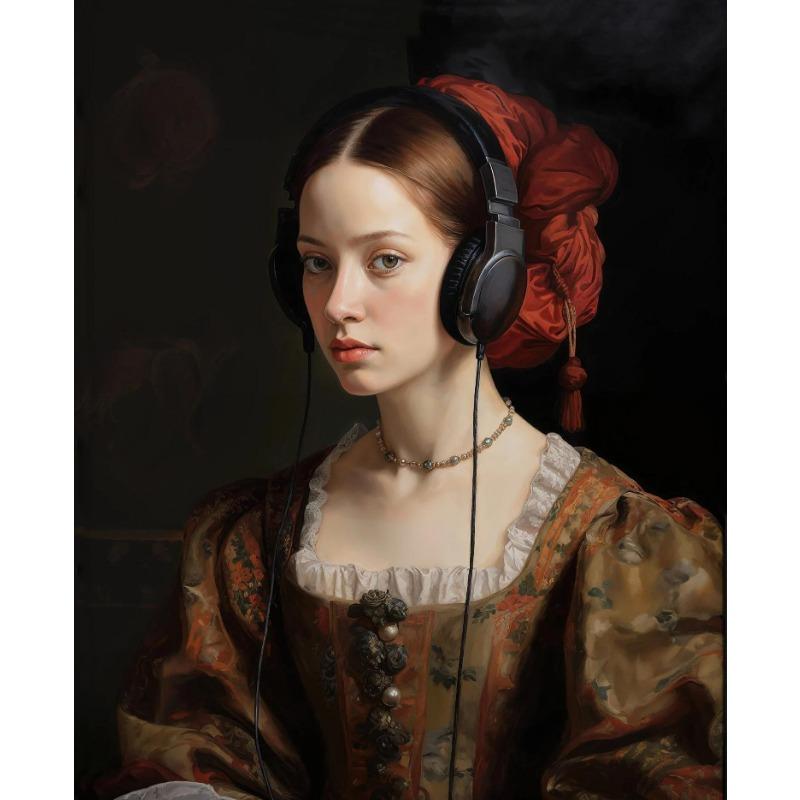 Neo Renaissance Funny Portrait Poster Girl Wearing Headphones Art  Retro Canvas Painting Prints Wall Bedroom Home Decoration