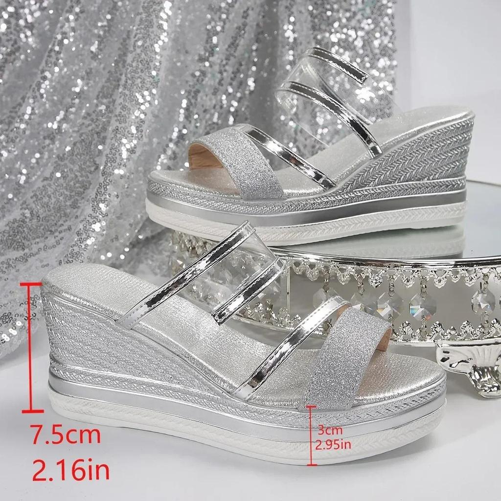 Solid Color Summer Modern Slippers Wedges Bling  Women's Shoes High Quality High Heel Outside Fashion Women's Slippers