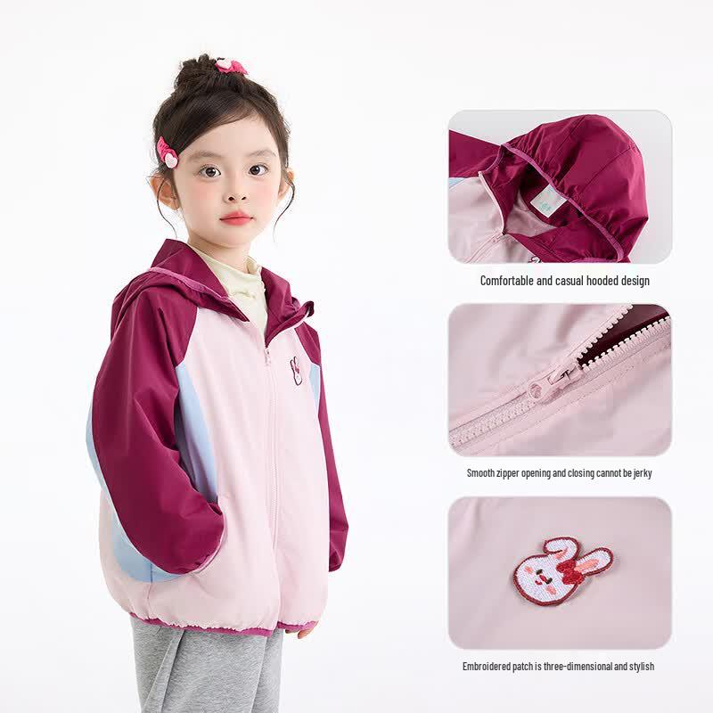 Girls' Color-Block Rabbit Embroidered Hooded Windbreaker Jacket