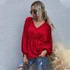 Women Spring Summer Casual Blouse Top Shirt V-Neck Long Puff Sleeve Slim Chiffon Solid Red S M L XL