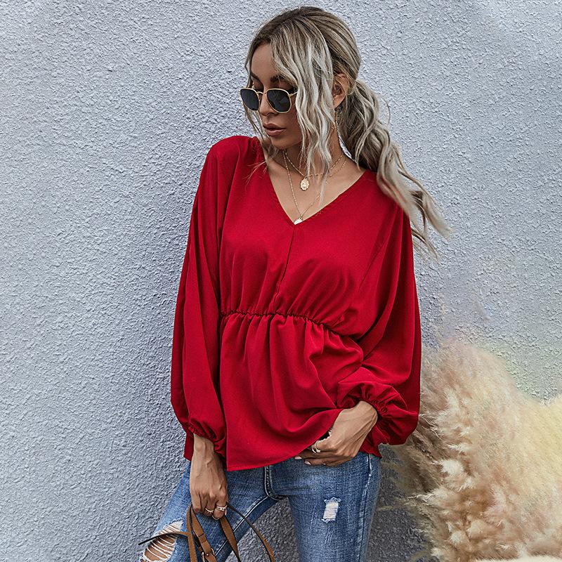 Women Spring Summer Casual Blouse Top Shirt V-Neck Long Puff Sleeve Slim Chiffon Solid Red S M L XL
