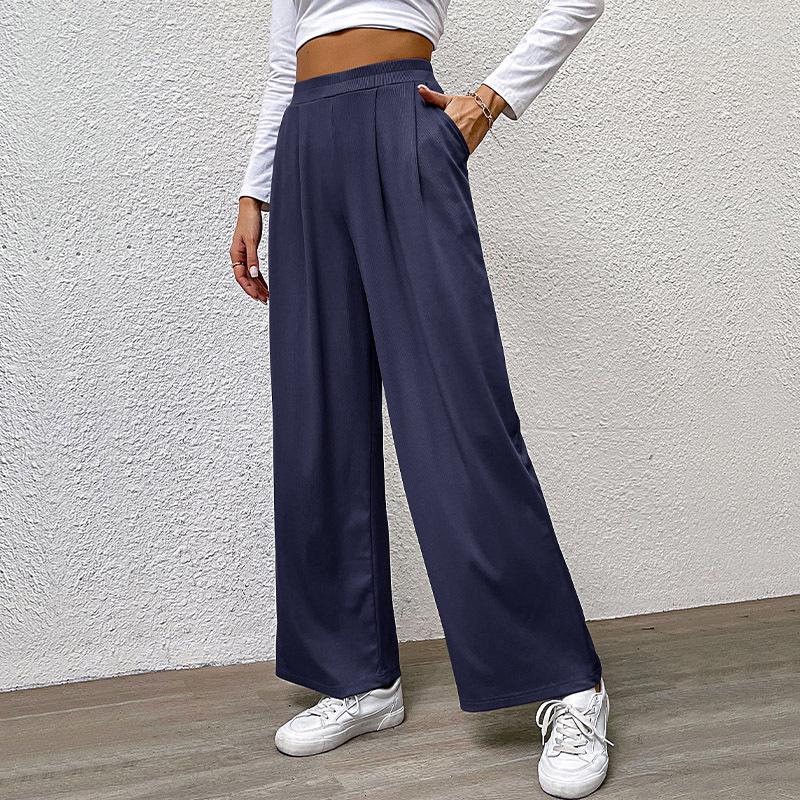 2024 Women's Autumn Solid Color Wide Leg Ribbed Casual Pants with Elastic Waist