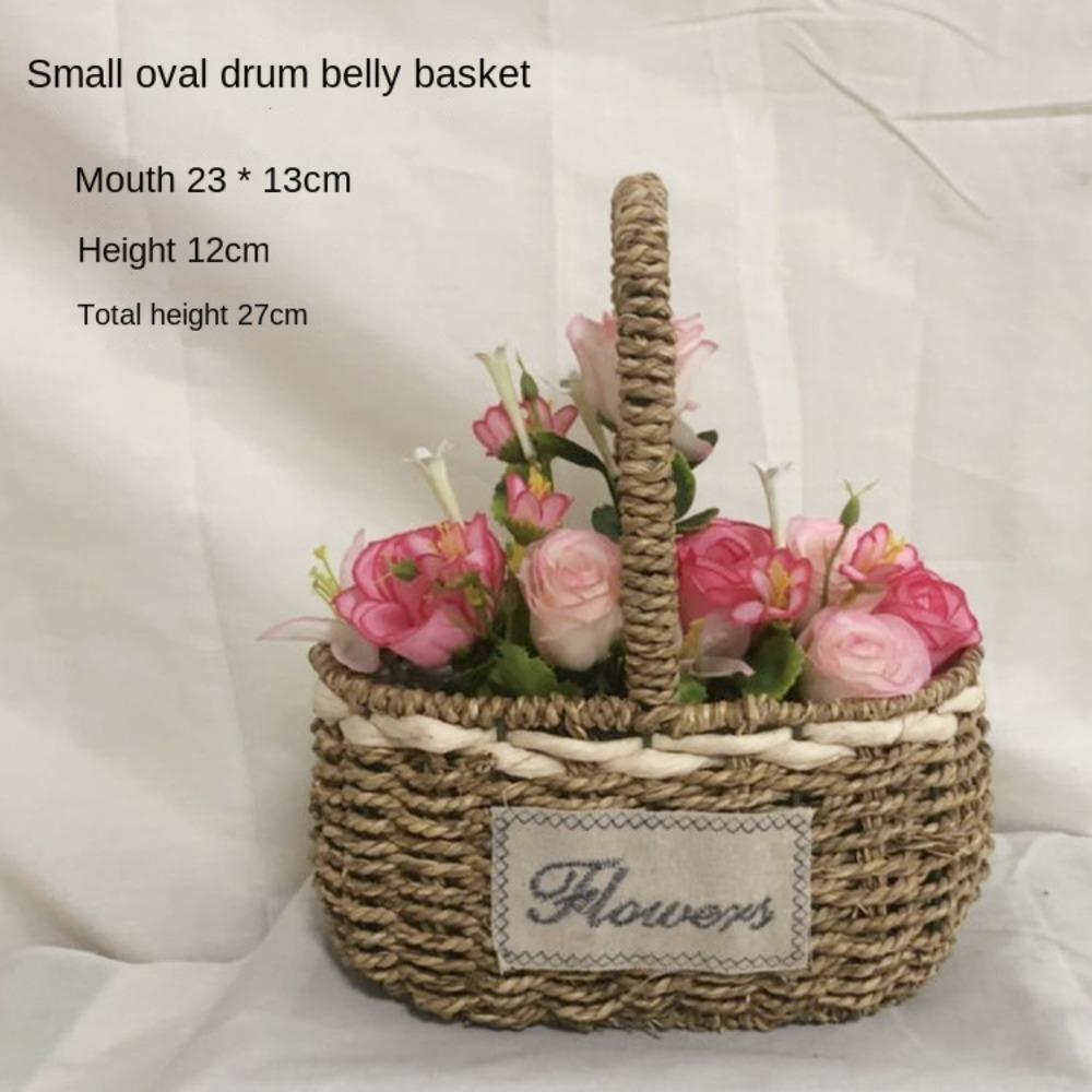 Easy To Carry Retro Handheld Flower Basket Straw Weave Flower Basket High Quality Home Decoration