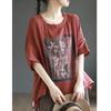 Linen T Shirt Women Art Vintage Print Loose Fashion Casual Short Sleeve Oversized Blouse Summer Trend Thin