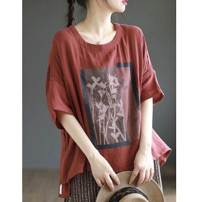Linen T Shirt Women Art Vintage Print Loose Fashion Casual Short Sleeve Oversized Blouse Summer Trend Thin