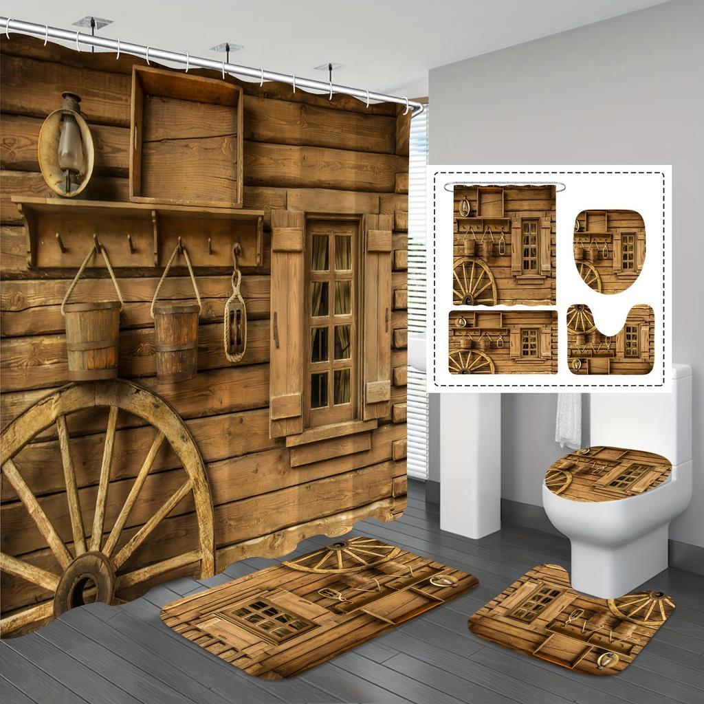 Cozy Rustic Wooden Cabin In Forest Bathroom Set - Waterproof Shower Curtain, Toilet Lid Cover, Bath Mat, And Contour Mat