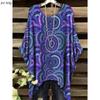Camiseta de Verano para Mujer Estilo Étnico Estampado Retro Chaqueta Larga Informal Cómoda Camiseta Dobladillo Irregular Cuello Redondo Manga Corta para Mujer