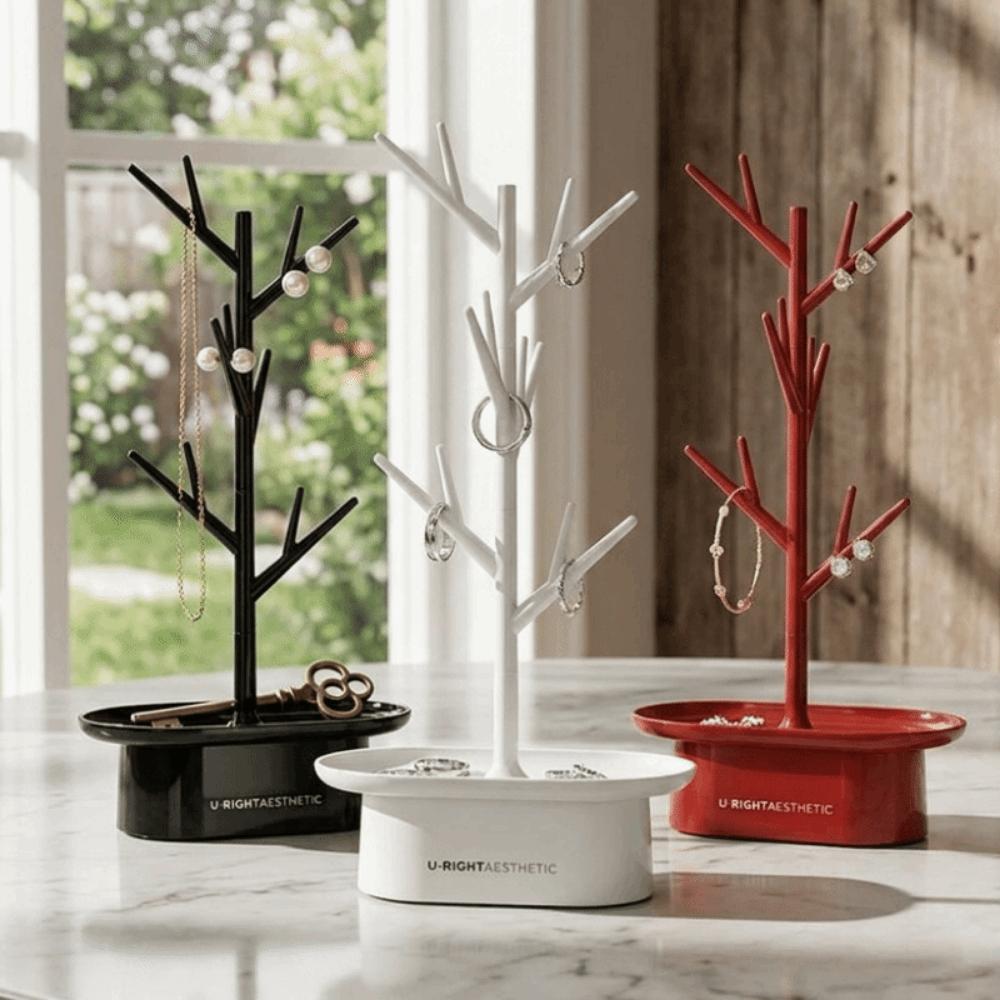Plastic Tree Shape Jewelry Rack Decorative Space Saving Jewelry Organizer with Storage Box Jewelry Display Stand for Living Room