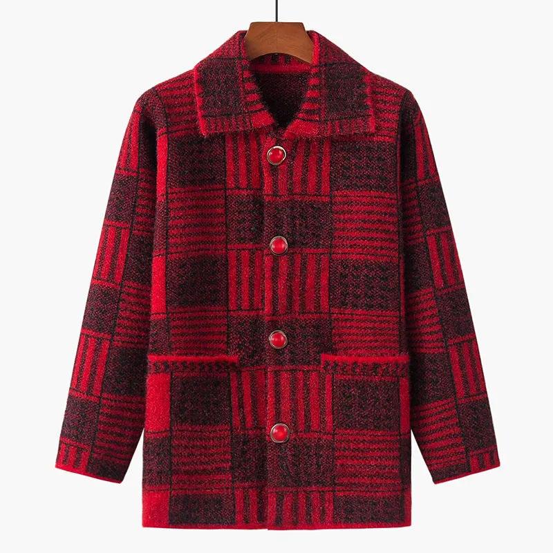 Sweater Jacket Women's Fall and Winter Warm and Comfortable Elastic Knit Sweater Casual Thickened Soft Plaid Sweater