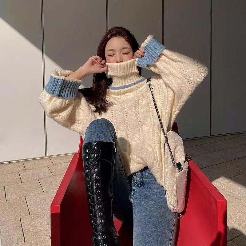 Japanese Sweet High Collar Twist Knit Sweater Autumn and Winter New Collision Color Casual Daily Sweater Female