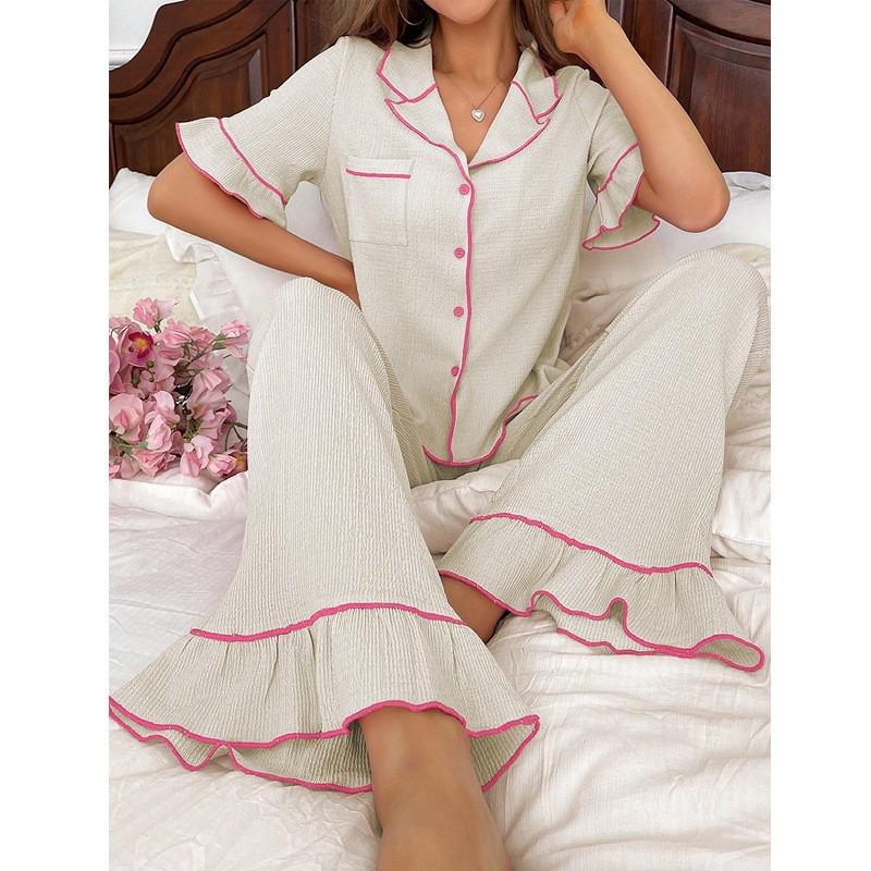 

Textured Color-Block Women s Pajamas with Lapel, Short Sleeves, and Long Pants – Stylish Spring/Summer Home Wear Large