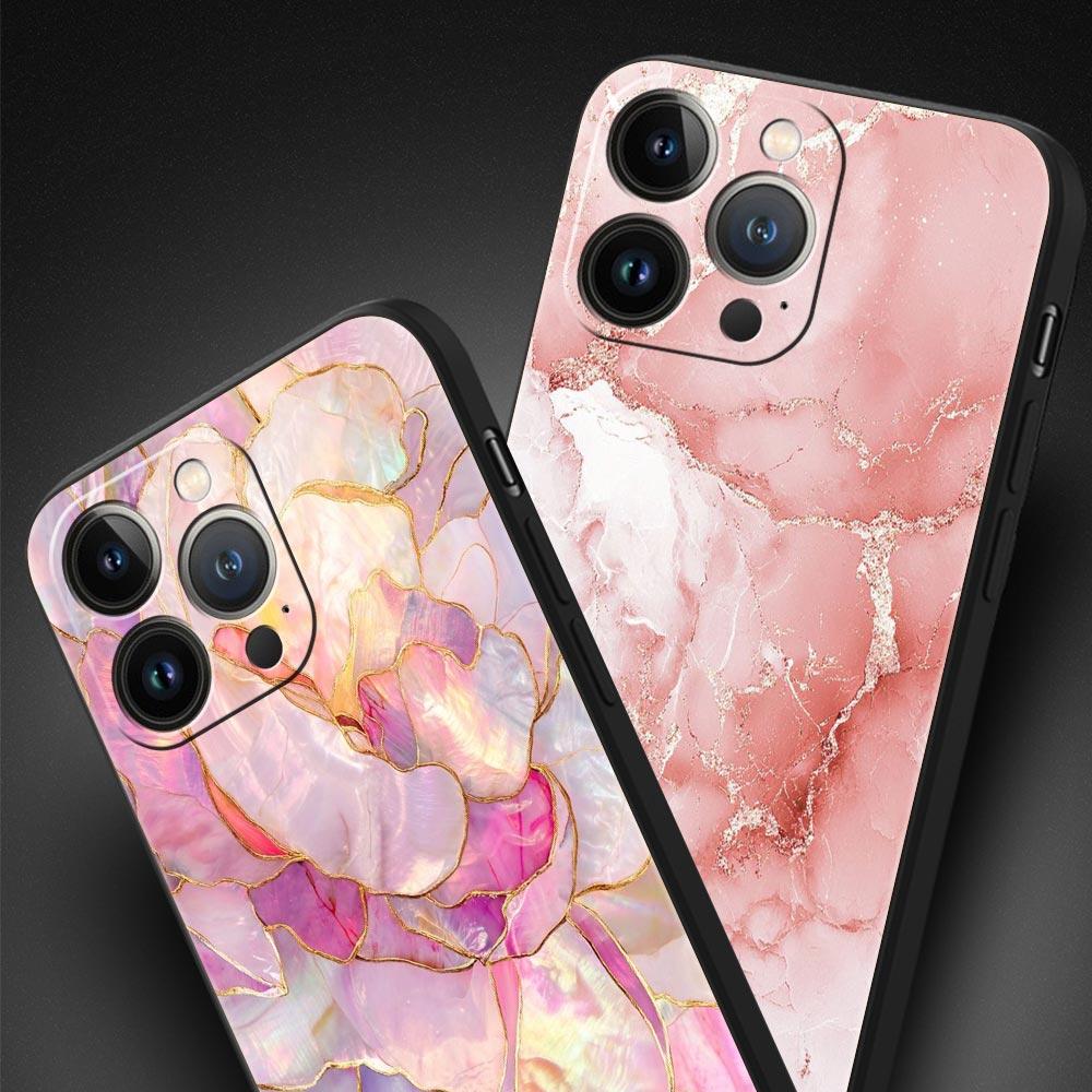 Fashion Gold Pink Marble Phone Case For iPhone 17 16 15 Pro Max 11 12 13 14 7 8 Plus SE 2020 X XR XS Cover Soft Black