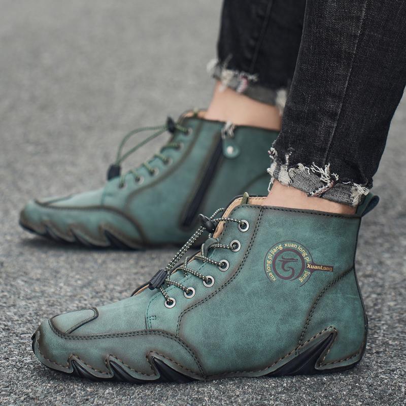 New Men's Quality Leather Ankle Boots Men Sneakers Outdoor Lace-Up Casual Shoes Fashion Winter Plus Velvet Casual Driving Boots