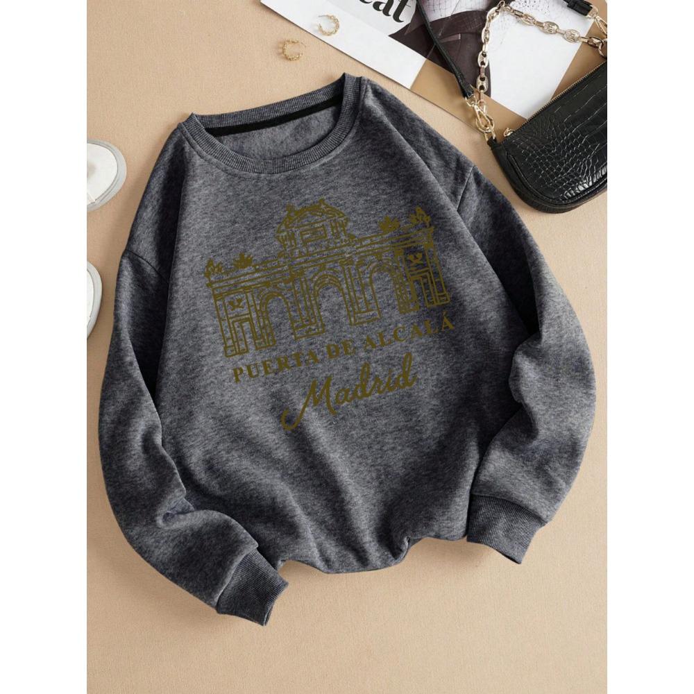 

Пуэрта-де-Алькала Мадрид Принт Пуловер Женский Осенний Свитшот с Круглым Вырезом Свободная Одежда Мягкая Повседневная Женская Спортивная Одежда 2XL