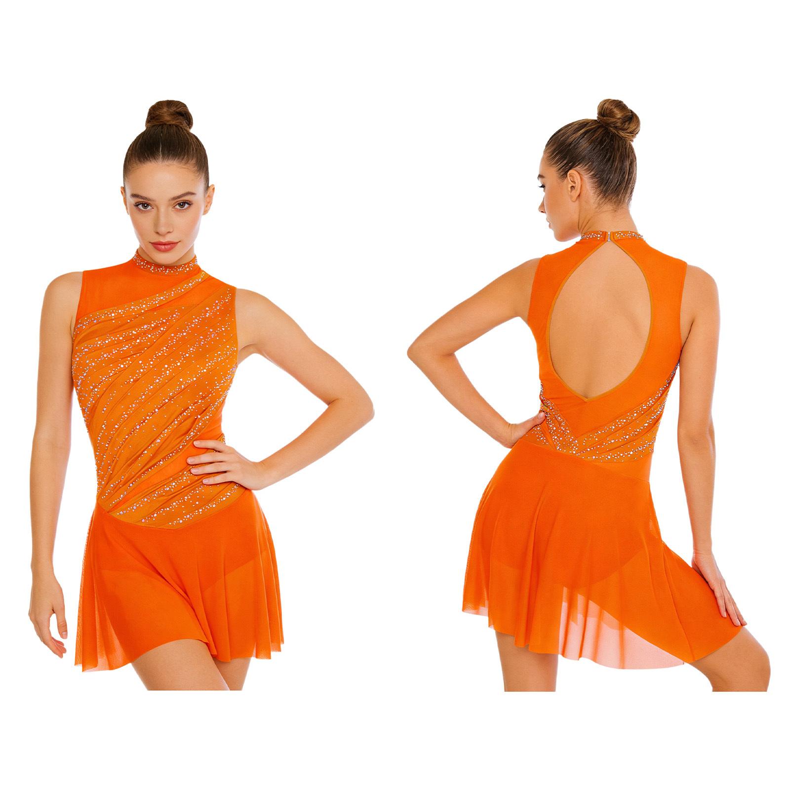 Damen Gymnastik Ballett Lyrischer Tanz Turnanzug Kleid Strassverziertes Mesh Rock Kleid Modernes Zeitgenössisches Tanzkostüm S orange