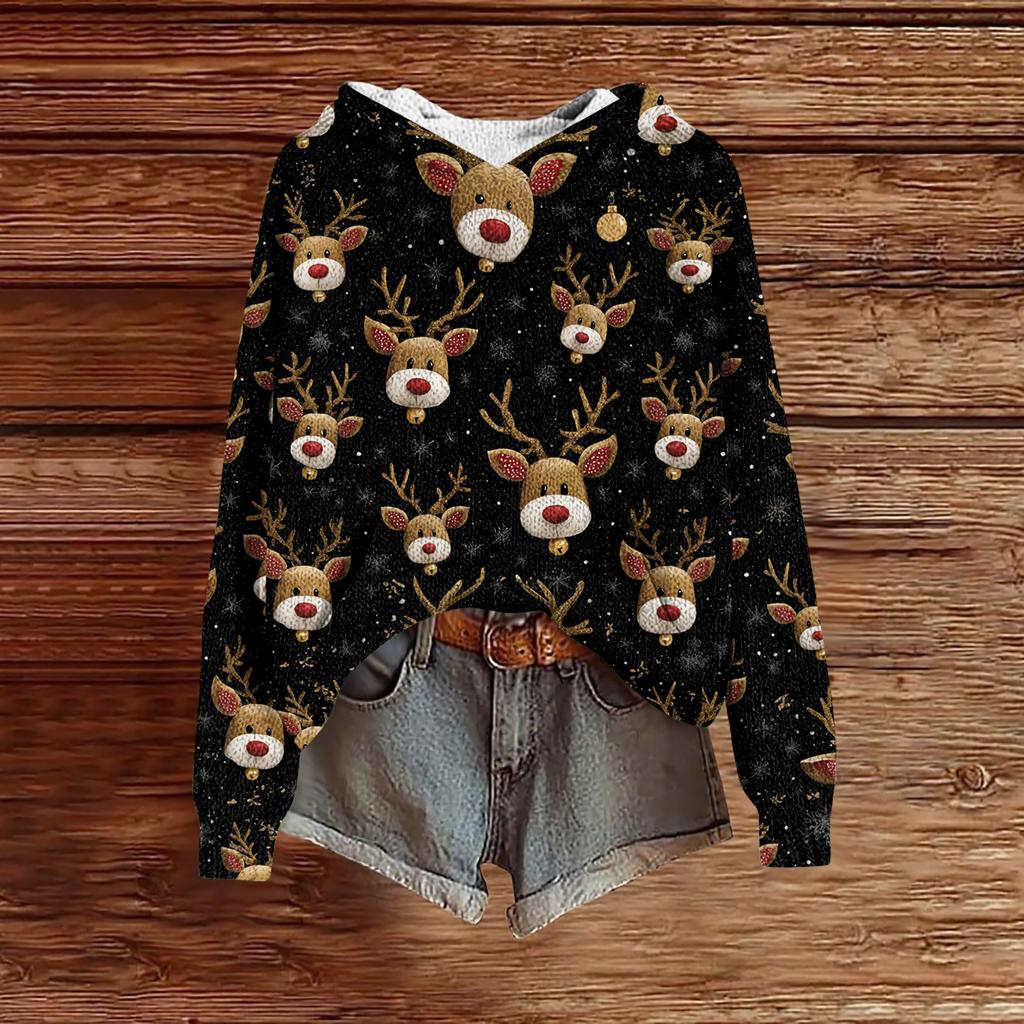Women's Fashion Casual Long Sleeve Christmas Print Hooded Knitted Sweatshirt