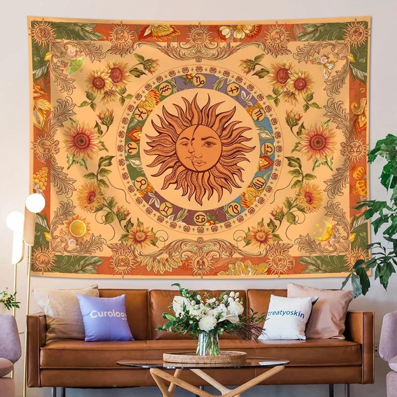 VIKAMA Bohemian Style Sunflower And Flower Tapestry Retro Astrology Elements Tapestry Decorative For Living Room Sofa Background