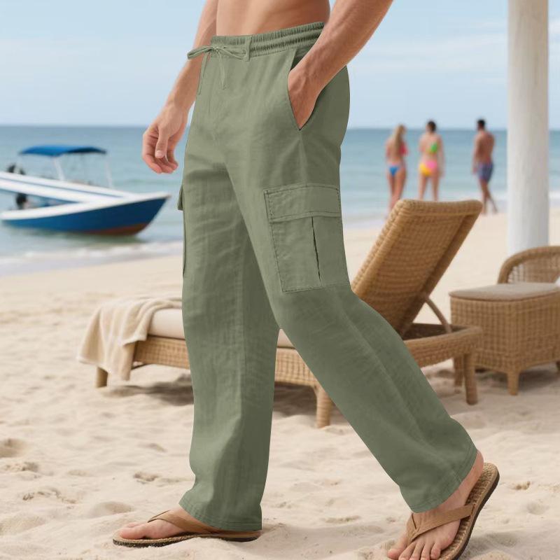 Men's Workwear Linen Trousers with Drawstring, Multiple Pockets, Straight Leg, Solid Colour, Breathable Outdoor Beach Casual Trousers