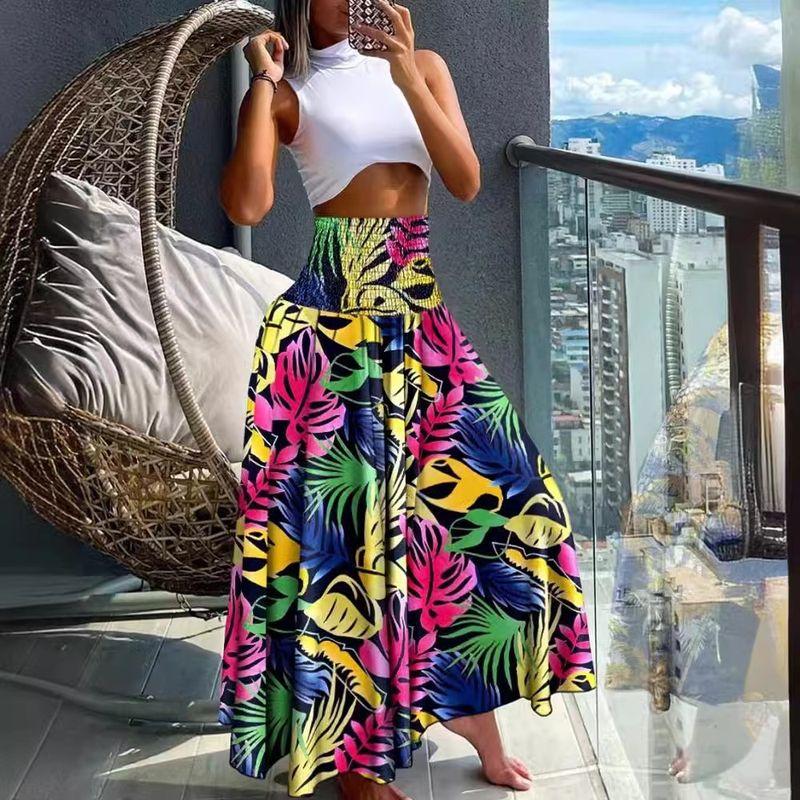 Bohemia Style Plus Size Women's Elastic High Waist Fashion Leaves Geometric Pattern Fashion Skirt Beach Dress