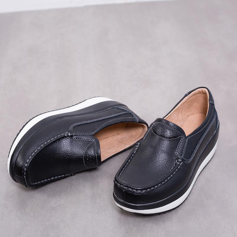 Genuine Leather Wedges Heels Shoes Fashion 5cm Platform Shoes Women Non-slip Walking Loafers