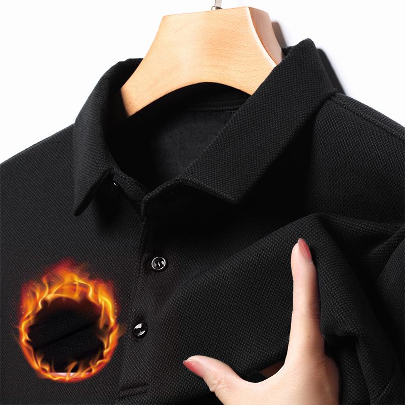 

Мужская зимняя флисовая рубашка поло с длинным рукавом, отложным воротником, универсальная повседневная одежда для мужчин среднего и пожилого возраста. M чёрный