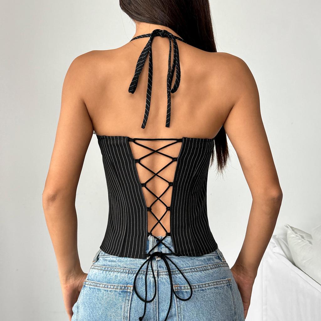 Europe and the United States hot-selling women's clothing Spice Girls fish bone chest waist niche vest striped splicing contrasting bra women