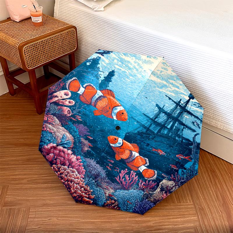 1 Stück Automatischer Faltregenschirm - Clownfisch-Muster, Tragbares & Faltbares Design mit 8 Speichen, Weihnachts-Geburtstagsgeschenke