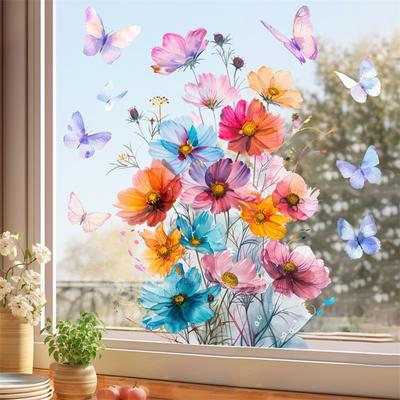 Bloemen Vlinder Raamsticker Dubbelzijdig Bedrukt Elektrostatisch Mooie Lente Komt Stijl Slaapkamer Glassticker Woondecoratie