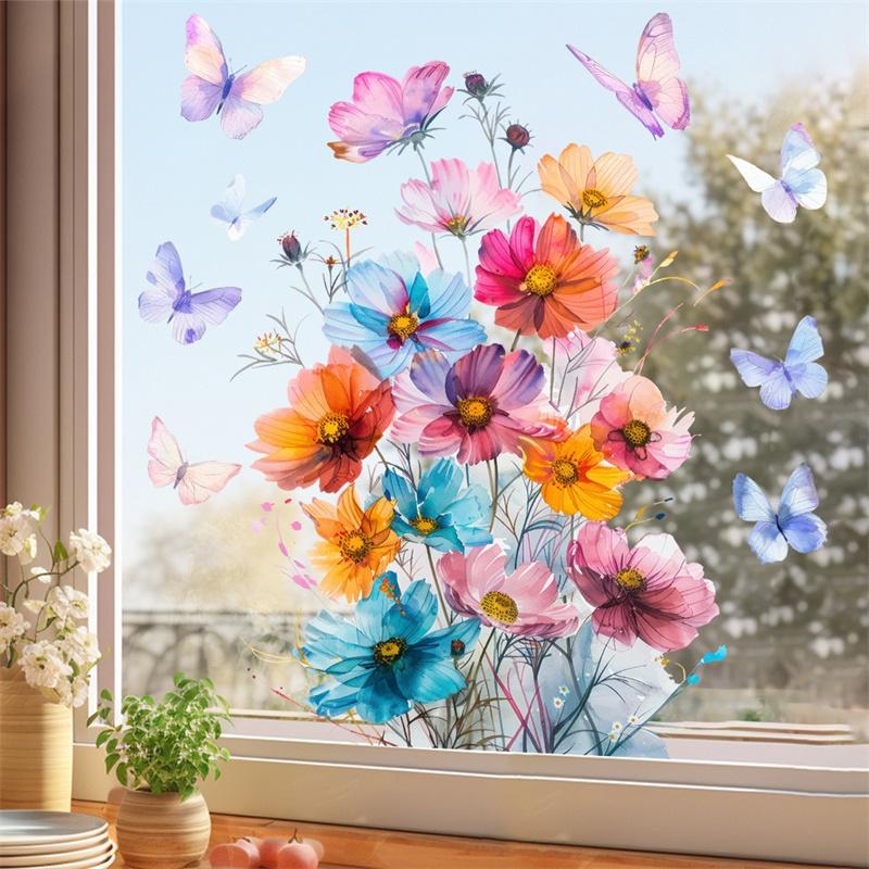 Blomster Sommerfugl Vindusklistremerke Dobbeltsidig Trykt Elektrostatisk Vakkert Våren Kommer Stil Soverom Glassdekorasjon Hjemmedekor