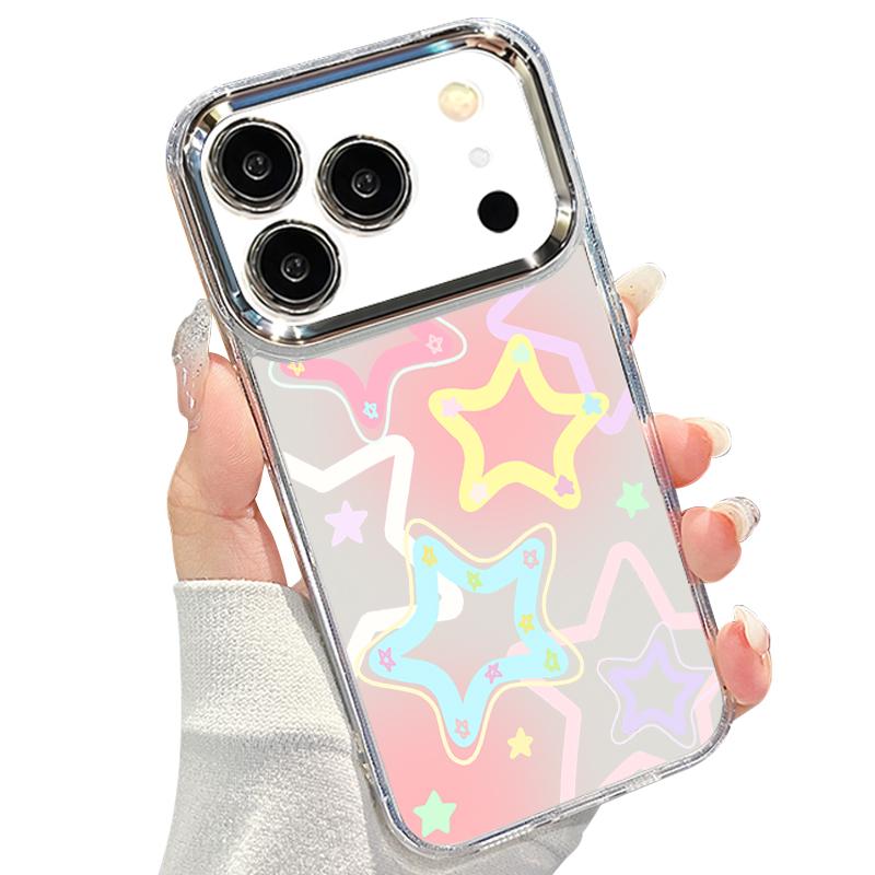 Modern Colorful Stars Pattern Case For iPhone 17 Pro Max Plating Lens Frame Clear Soft Cover For iPhone 16 15 14 13 Pro Max 11 16E 17E