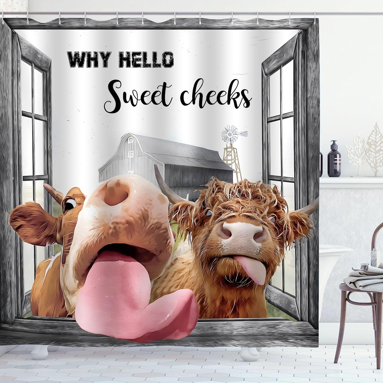 

Funny Highland Cow Shower Curtain Rustic Bull Cattle Vintage Windmill Western Country Farmhouse Bathroom Curtains Waterproof Pol 90x180cm