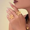 Oumeka 18k Gold-Plated Stainless Steel Jewelry Set: Heart & Four-Leaf Clover Earrings, Ring, and Necklace.