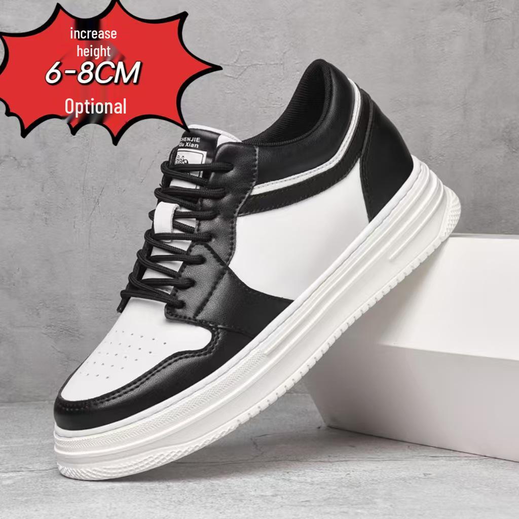 Men's Height Increasing Platform Board Shoes - Thick Sole, Color Blocking, Spring Low-Top Cowhide Sports Sneakers