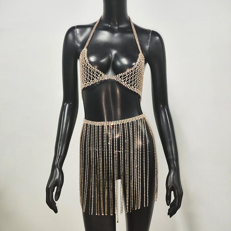 Sparkly Rhinestone Bikini Body Chain Set Sexy Crystal Bra Long Tassel Fringe Waist Belly Chains Festival Rave Jewelry