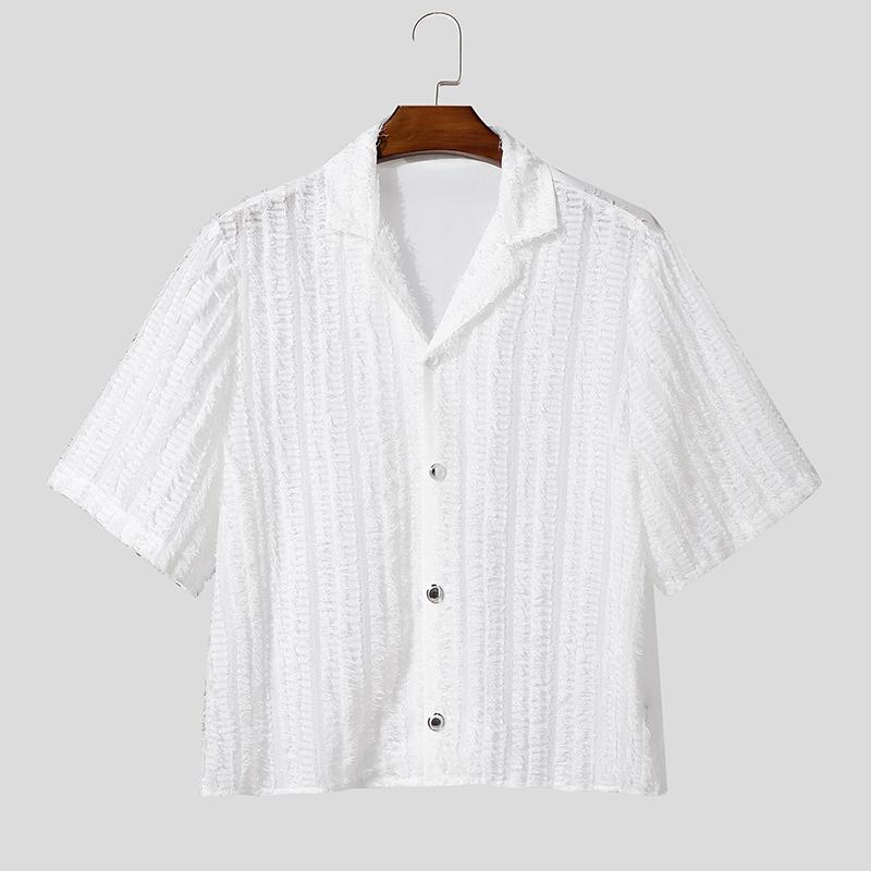

INCERUN Oversized Men Casual Lapel Neck Short Sleeve Tassel See Through Loose Shirts S